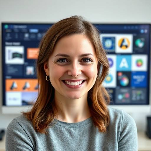 Portrait de Sophie Dubois, directrice artistique, souriant devant un √©cran avec des cr√©ations graphiques